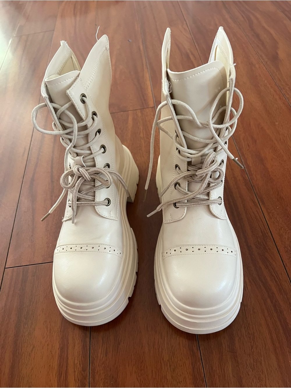 Cream Lace-Up Platform Combat Boots